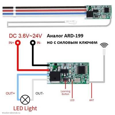 Модуль RF 433 MHz 4pin приемник QA-R-010 с силовым ключем 3.6-24V 2A код обучения 1527 (2262)