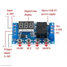 Модуль реле задержки времени (таймер) цифровой 4 кнопки 3 разряда 5-30VDC 0-999 мин. micro USB