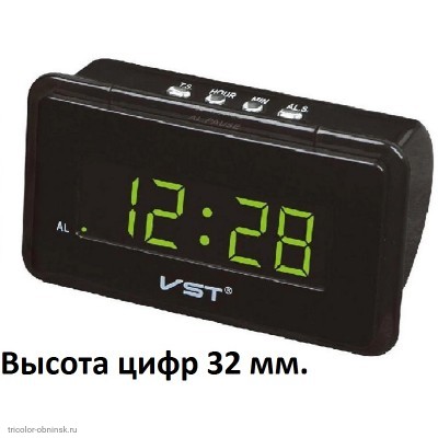 Часы электронные VST-728-2 (будильник) питание 5v адаптер в комплекте (резервное питание 2*LR3) зеленый