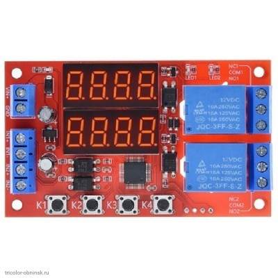 Модуль реле задержки времени (таймер) цифровой 4 кнопки 4 разряда 12VDC 0-999 мин.56 режимов 2 канала