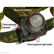 Фонарь налобный RK-16D аккумулятор18650 (две зарядки со штекером 3.5) или 3*LR3 (сенсорный)