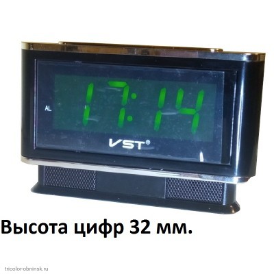 Часы электронные VST-721-2 (будильник) питание 5v адаптер в комплекте (резервное питание 2*LR3) зеленый