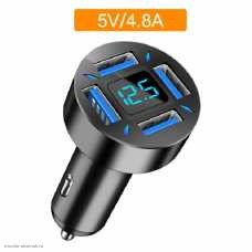 Вольтметр в прикуриватель 12-24VDC + 4USB в сумме 4.8A синий