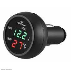 Вольтметр в прикуриватель 12-24VDC + 1USB 5V/2.1A + термометр зеленый
