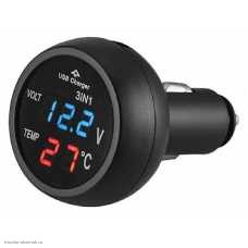 Вольтметр в прикуриватель 12-24VDC + 1USB 5V/2.1A + термометр синий