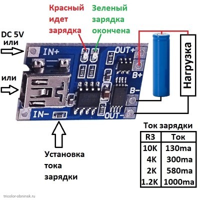 1S модуль зарядки TP4056 1A (регулируется) и защиты от разряда 2.5V, от перезаряда 4.2V, от перегрузки 3А USB mini