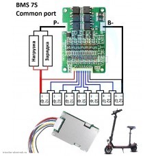 BMS контролер 7S 29.4V 15A защита от разряда 2.5V, перезаряда 4.2V, баланс. R=89, перегрузка 20А, общая зарядкя