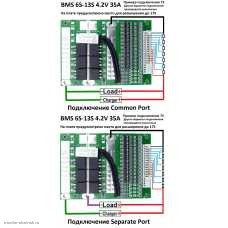 BMS контролер 6S-13S 4.2V 35A защита от разряда 2.5V, перезаряда 4.2V, баланс. R=150, перегрузка 70А, общая зарядкя