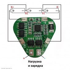 BMS контролер 3S 12.6V 4A защита от разряда 2.5V, перезаряда 4.2V, нет балансировки, перегрузка 8А, общая зарядкя