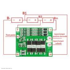 BMS контролер 3S 12.6V 25A защита от разряда 2.5V, перезаряда 4.2V, балансировка R=100, перегрузка 40А
