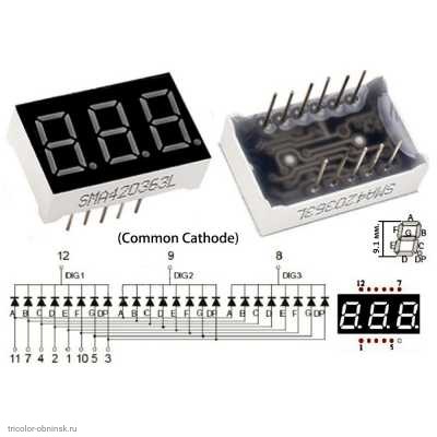 LED индикатор 0.36" 7-сегментный 3 разряда красный общий катод
