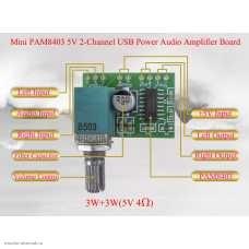 УМЗЧ 2 х 3w PAM8403 Mini 5V (USB питания) с регуляторм