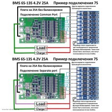 BMS контролер 6S-13S 4.2V 25A защита от разряда 2.5V, перезаряда 4.2V нет балансировки перегрузка 40А, общая зарядкя