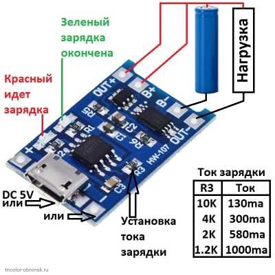 1S модуль зарядки TP4056 1A (регулируется) и защиты от разряда 2.5V, от перезаряда 4.2V, от перегрузки 3А USB micro