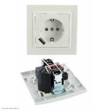 Розетка 1-м скрытая с заземлением и шторками +USB 5В 1.0А 16А 250В Минск EKF Basic
