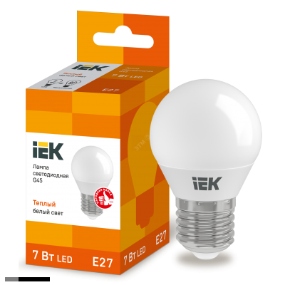 Лампа LED E27 GL45   7w 3000K 630лм 220v IEK тепло-белый матовый шар