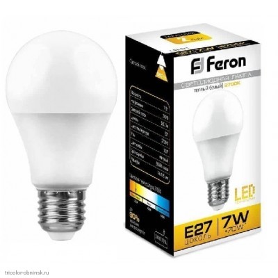 Лампа LED E27 A60   7w 2700K 560лм 220v Feron теплый