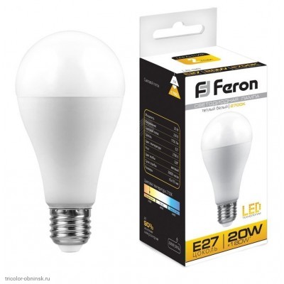 Лампа LED E27 A60 20w 2700K 1750лм 220v Feron