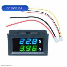 DC вольтметр цифровой 0.28" 3 разряда 100V + амперметр 10A VDC4-28V размер отверстия 27х46 мм. синий/зеленый
