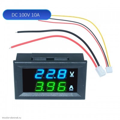 DC вольтметр цифровой 0.28" 3 разряда 100V + амперметр  10A VDC4-28V размер отверстия 27х46 мм. синий/зеленый