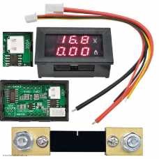 DC вольтметр цифровой 0.28" 3 разряда 100V + амперметр 100A VDC4-28V размер отверстия 27х46 мм. красный/красн. шунт
