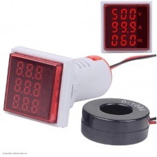 AC вольтметр цифровой 0.28" 3 разряда 60-500V + амперметр 100A + частотомер 20-75 Гц. квадратный красный