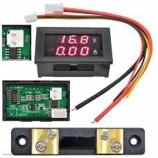 DC вольтметр цифровой 0.28" 3 разряда 100V + амперметр 50A VDC4-28V размер отверстия 27х46 мм. красный/красн. шунт