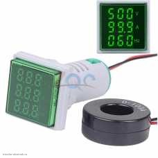 AC вольтметр цифровой 0.28" 3 разряда 60-500V + амперметр 100A + частотомер 20-75 Гц. квадратный зеленый