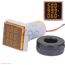 AC вольтметр цифровой 0.28" 3 разряда 60-500V + амперметр 100A + частотомер 20-75 Гц. квадратный желтый