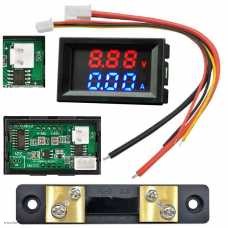 DC вольтметр цифровой 0.28" 3 разряда 100V + амперметр 50A VDC4-28V размер отверстия 27х46 мм. красный/синий шунт