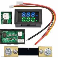 DC вольтметр цифровой 0.28" 3 разряда 100V + амперметр 100A VDC4-28V размер отверстия 27х46 мм. синий/зеленый шунт