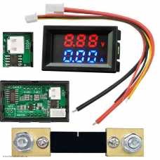 DC вольтметр цифровой 0.28" 3 разряда 100V + амперметр 100A VDC4-28V размер отверстия 27х46 мм. красный/синий шунт