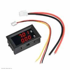 DC вольтметр цифровой 0.28" 3 разряда 100V + амперметр 10A VDC4-28V размер отверстия 27х46 мм. красный/красный