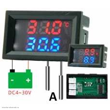Термометр цифровой 0.28" 2 датчика + вольтметр VDC4-30V размер отверстия 27х46 мм. красный/синий тип A