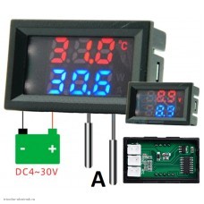 Термометр цифровой 0.28" 2 датчика + вольтметр VDC4-30V размер отверстия 27х46 мм. красный/синий тип A