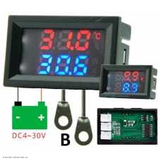 Термометр цифровой 0.28" 2 датчика + вольтметр VDC4-30V размер отверстия 27х46 мм. красный/синий тип D