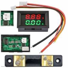 DC вольтметр цифровой 0.28" 3 разряда 100V + амперметр 50A VDC4-28V размер отверстия 27х46 мм. красный/зелен. шунт