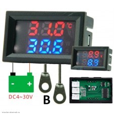 Термометр цифровой 0.28" 2 датчика + вольтметр VDC4-30V размер отверстия 27х46 мм. красный/синий тип D