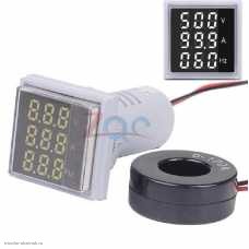 AC вольтметр цифровой 0.28" 3 разряда 60-500V + амперметр 100A + частотомер 20-75 Гц. квадратный белый