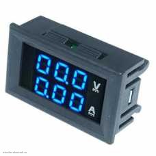 DC вольтметр цифровой 0.28" 3 разряда 100V + амперметр 10A VDC4-28V размер отверстия 27х46 мм. синий/синий