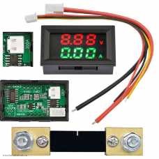 DC вольтметр цифровой 0.28" 3 разряда 100V + амперметр 100A VDC4-28V размер отверстия 27х46 мм. красный/зелен. шунт