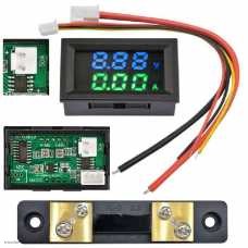 DC вольтметр цифровой 0.28" 3 разряда 100V + амперметр 50A VDC4-28V размер отверстия 27х46 мм. синий/зеленый шунт