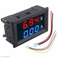 DC вольтметр цифровой 0.28" 3 разряда 100V + амперметр 10A VDC4-28V размер отверстия 27х46 мм. красный/синий