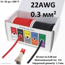 Провод монтажный медный многожильный в силиконовой изоляции 22AWG 0.3 mm2 1 м. красный