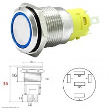 Кнопка антивандальная M16 5pin с подсветкой 12V без фиксации circle плоская синяя