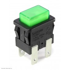 Кнопка13х19мм на 2 положения с фиксацией 4 pin 250V 15А с подсветкой зеленый