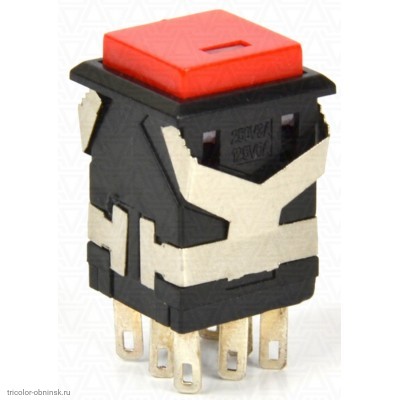 Кнопка17х17мм на 2 положения перекидной с фиксакцией 8 pin 250V 6А с подсветкой светодиод 3V красный
