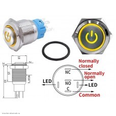 Кнопка антивандальная M16 5pin с подсветкой 12V без фиксации power высокая желтая