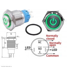 Кнопка антивандальная M16 5pin с подсветкой 12V без фиксации power высокая зеленая