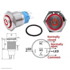 Кнопка антивандальная M16 5pin с подсветкой 12V без фиксации power высокая красная